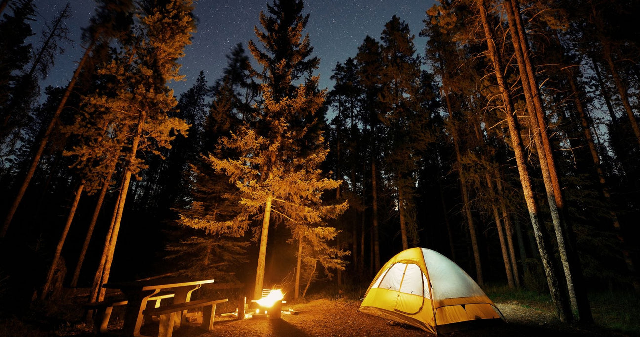 Zelt bei Nacht im Wald bei Lagerfeuer: Abenteuer Camps