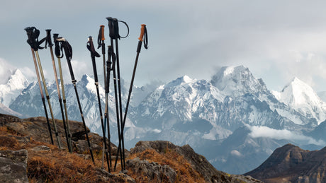 Wanderstöcke stecken im Boden mit Aussicht auf das Alpen Panorama: Stöcke mieten