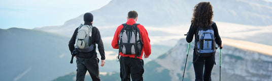 Drei Wanderer stehen in Richtung Bergpanorama und wurden von hinten Fotografiert